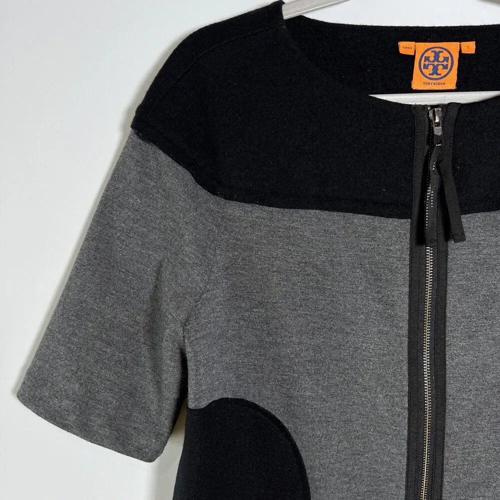 Tory Burch Colorblock Full Zip Blazer Jacket SIZE S Short Sleeve Black Gray